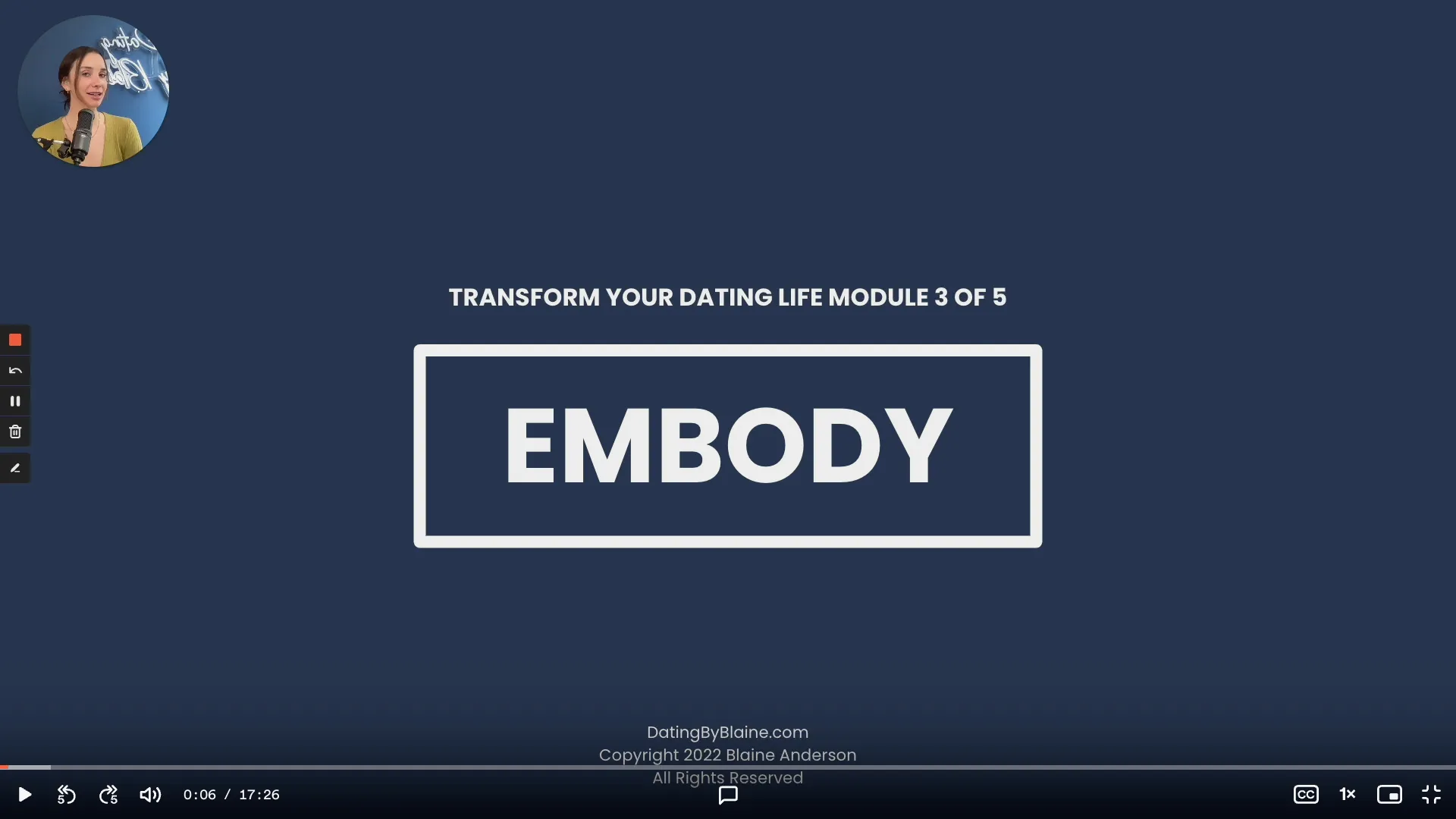 Screenshot of Blaine presenting the title slide of the third module of Blaine's Masterclass, which says the word "Embody" in white letters against a navy blue background