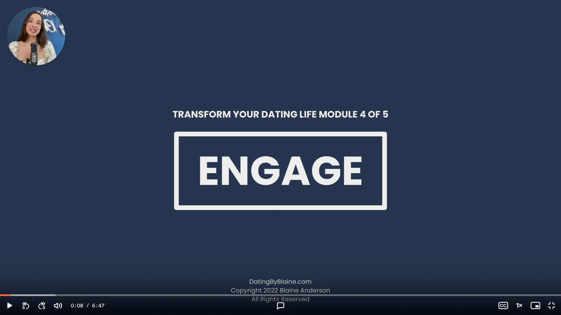 Screenshot of Blaine presenting the title slide of the fourth module of Blaine's Masterclass, which says the word "Engage" in white letters against a navy blue background