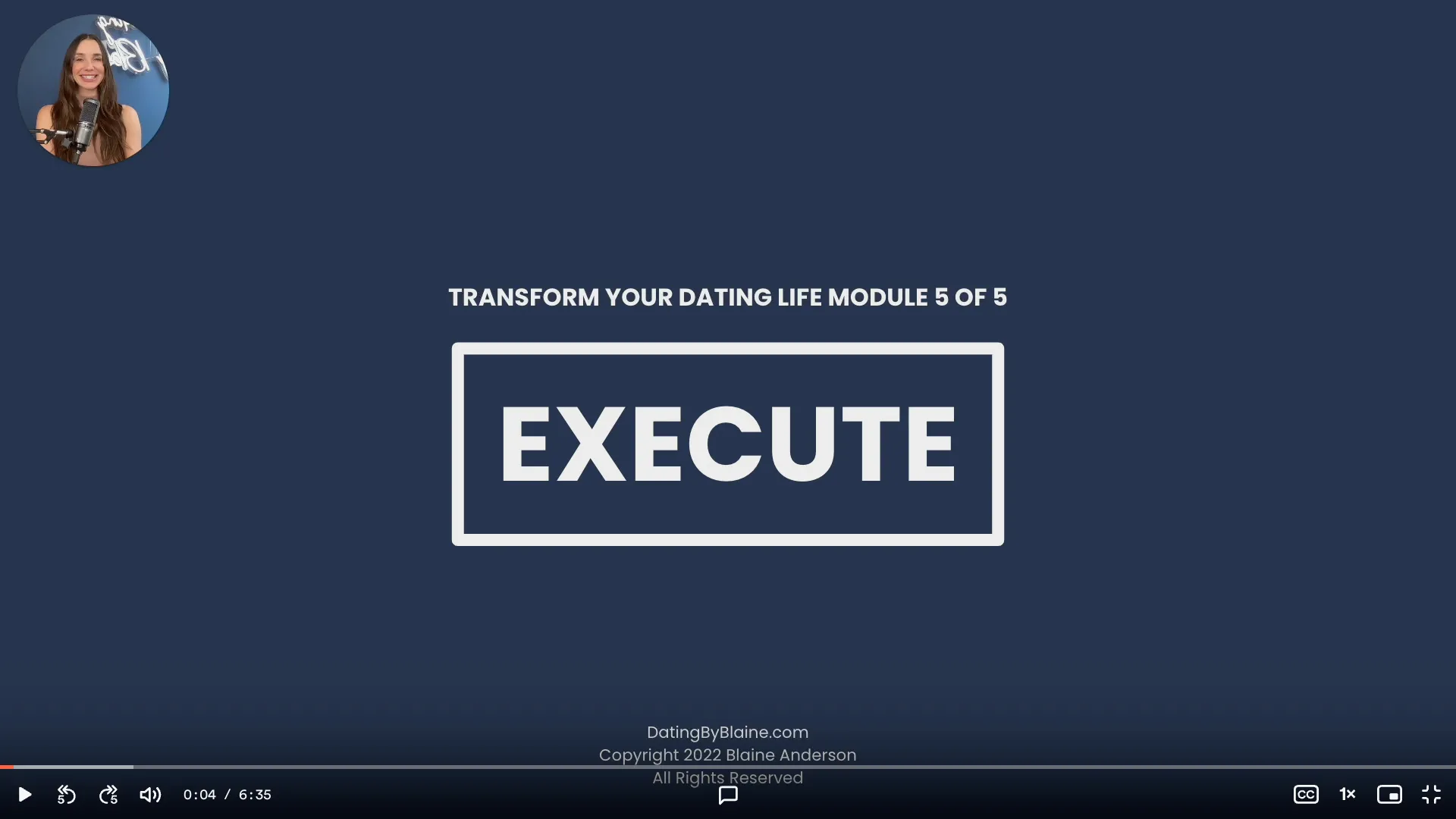 Screenshot of Blaine presenting the title slide of the fifth module of Blaine's Masterclass, which says the word "Execute" in white letters against a navy blue background